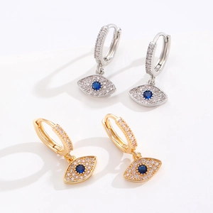 Evil eye hoop earrings in gold and silver finish with blue cubic zirconia stones