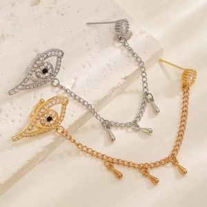 Fashionable evil eye chain earrings in gold and silver finish with sparkling zircon accents