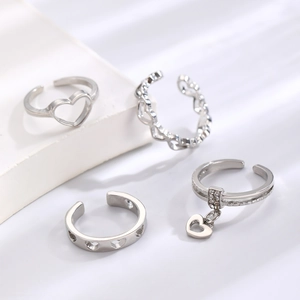 Silver hollow heart ring set for women with adjustable open bands and minimalist design