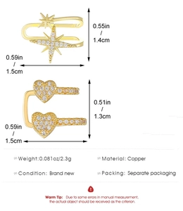 Mikro-eingelegtes Stern und Herz Ohrklemmen Set aus Goldkupfer mit klaren Zirkonsteinen