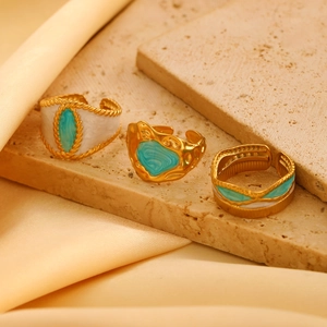Luxe 18k vergulde roestvrijstalen ringen set in boho stijl met turquoise emaille