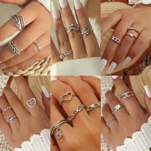 Vintage Zinc Alloy Silver Ring Set For Women Heart Star Butterfly Bear Roman Numeral Hollow Adjustable Stackable Finger Jewelry