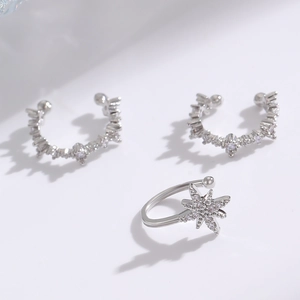 Macro di orecchini a clip in argento con zirconi e una clip a forma di stella brillante