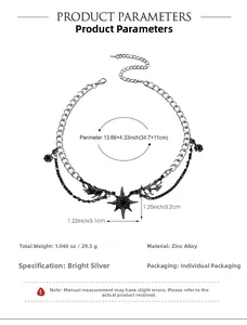 Detail view showing black octagram star pendant on gothic layered chain necklace with dimensions