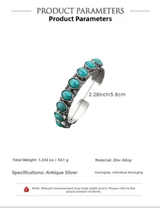 Detail view of retro zinc alloy bangle with turquoise stones showing size and weight specs