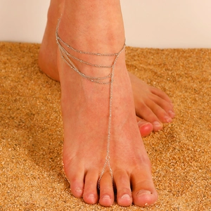 Silberne mehrlagige Perlen-Seestern-Fußkette mit Zehenring für Strand im Boho-Stil