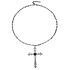 Gothic beaded necklace featuring a silver baroque cross pendant with a black gemstone center