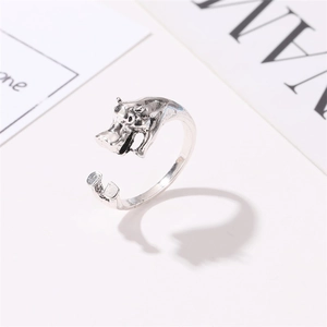 Detailed macro view of an adjustable silver hippo open ring with retro oxidized finish