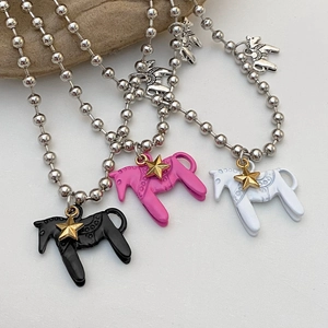 Zinklegierung Emaille Pferd Anhänger Halskette Doppelreihige Kugelkette Dainty Pony Stern Choker Für Damen Mode Schmuck