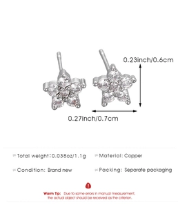 Detailed size and weight specs for mini flower star copper earrings with zircons