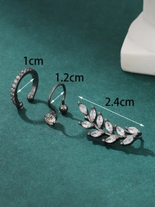 Detailed view of zircon floral ear cuff set with 1cm ring, 1.2cm hook, and 2.4cm leaf drop