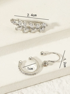 Detailed size view of silver ear cuff set featuring marquise zircon leaves and dimensions