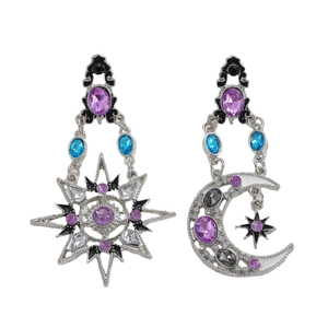 Baroque sun and moon asymmetric earrings with purple crystals and silver plating