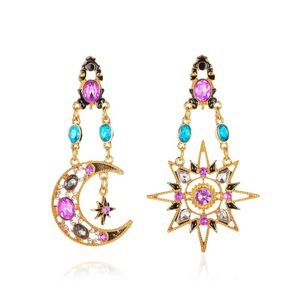 Baroque Asymmetric Earrings Sun Moon Star Alloy Colorful Rhinestone Vintage Long Drop Jewelry For Women