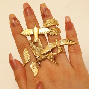 Golden bird and wing open rings set in vintage stainless steel bohemian style for women