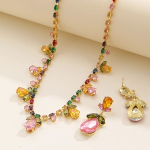 Elegant gold-plated jewelry set with colorful zircon floral and leaf pendant necklace and earrings