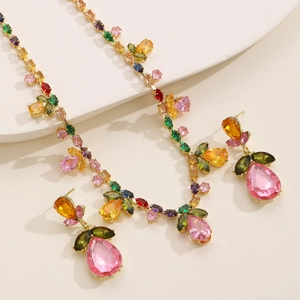 Luxury floral jewelry set with colorful pear-shaped zircons and gold-plated finish