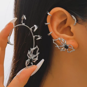 Dark punk silver spider ear cuff set with black gems and claw design for women