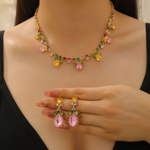 Ensemble de Bijoux Luxueux Collier et Boucles d'Oreilles en Alliage de Zinc Zircon Multicolore Goutte d'Eau Feuille Femme Fête Banquet