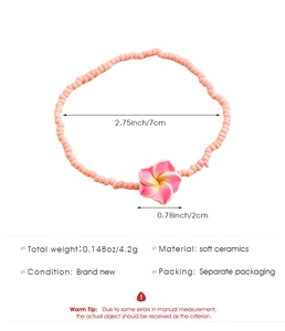 Tabla detallada de tallas de tobillera de cuentas rosas con dije de flor plumeria