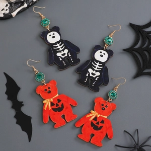 Σκουλαρίκια αρκουδάκια Halloween με σχέδια σκελετού και κολοκύθας και πράσινα στρας