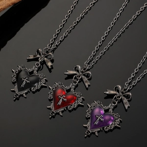 Gothic heart cross necklaces in black, red and purple with rose and thorn details