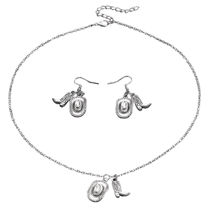 Western cowboy hat and boot pendant necklace earring set in retro silver finish