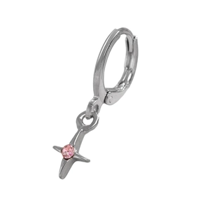 Detailed macro of a silver huggie earring featuring a star pendant with pink zircon stone