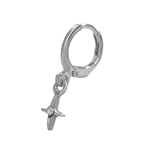 Detail of silver star charm hoop earring with sparkling zircon stone on white background