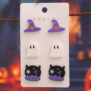 Set di 3 paia di orecchini di Halloween con cappello da strega, fantasma e calderone in acrilico