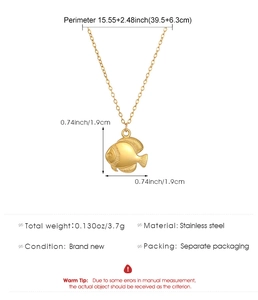 Detailed dimensions of a golden fish pendant necklace made of high-quality stainless steel