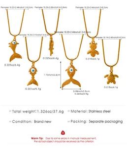Detailed size chart showing dimensions and weights of six stainless steel fish necklaces