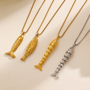 Detail of four stainless steel fish pendants with embossed textures and box chains