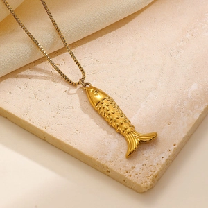 Elegant gold fish pendant necklace with textured scales on a fine box chain for women
