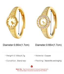 Detail view of gold-plated watch style rings with size specifications and dimensions