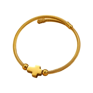 Pulsera de cable de acero de titanio dorado con dije de cruz pulida y cuentas
