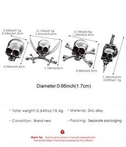 Detailed size and weight specs for four retro silver skull pins made of zinc alloy