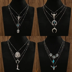 Western Cowboy Bohemian Multi Layer Pendant Necklace Set Zinc Alloy Bull Head Cactus Hat Boots Turquoise Charm Jewelry For Women