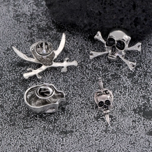 Vintage silver skull and crossbones punk brooch set with metal butterfly clasp pins