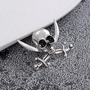 Macro shot of retro silver skull and crossed swords brooch with detailed metallic texture