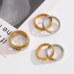 Polished double layer stainless steel stacking rings in gold and silver finish
