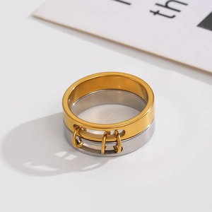 Polished double-layer stainless steel ring in gold and silver tones with triple ring charms