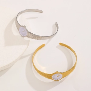 Fashionable watch strap style open bangle set in gold and silver stainless steel finish