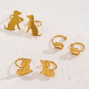 Drei Paar goldene Edelstahl-Ear-Cuffs mit süßen Hunde- und Pfotendesigns für Frauen