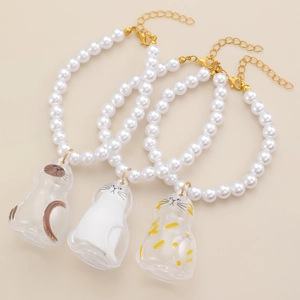 Collana in Künstliche Perle Sintetiche con Pendente a Capsula per Peli di Animali Domestici Catena Regolabile Oro Forma di Gatto Donna