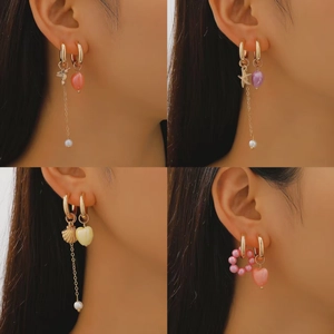 Fashion Asymmetric Gold Hoop Earrings For Women Zinc Alloy Imitation Artificial Pearl Beaded Shell Sea Star Bird Heart Long Tassel Dangle Earrings Jewelry