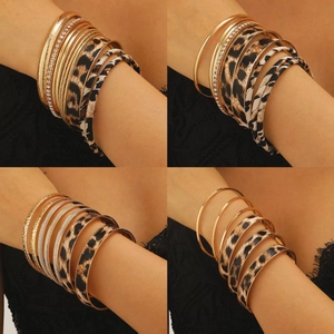 Chic multi-layer leopard print leather bracelet set with gold metal and rhinestones