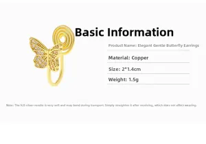 Detail showing dimensions of 2x1.4cm for the gold butterfly ear clip with small zircon