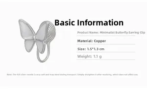 Detailed view of silver butterfly clip-on earrings with copper material specs and size