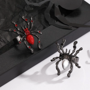 Gothic spider open ring detail with red crystal and dark alloy for Halloween jewelry